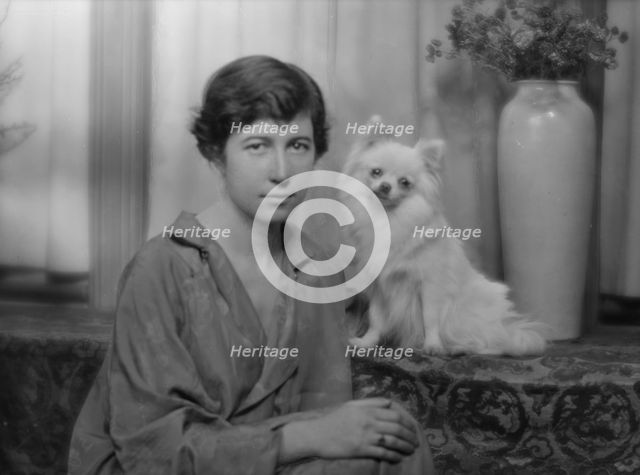 Stimson, Henry B., Mrs., with dog, portrait photograph, 1915. Creator: Arnold Genthe.