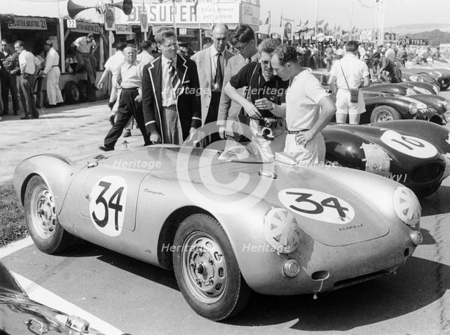 Stirling Moss with Porsche RSK, Goodwood, Sussex, 1955. Artist: Unknown