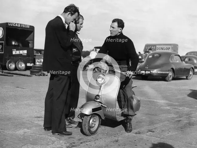 Stirling Moss on a Vespa scooter, Goodwood, April 1952. Artist: Unknown