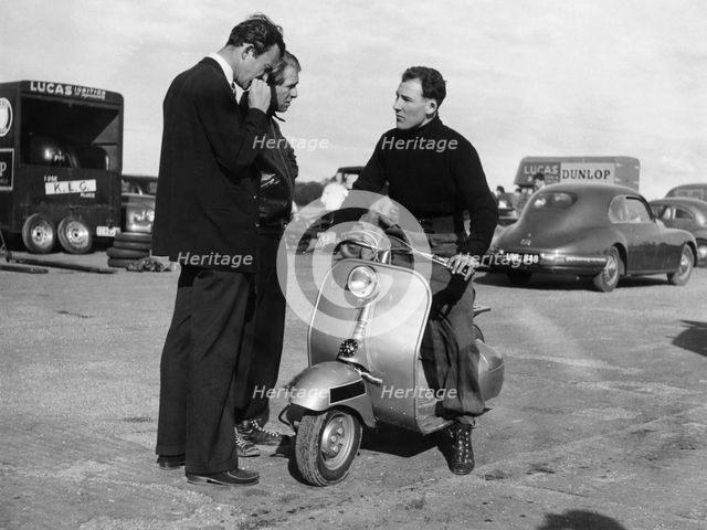 Stirling Moss on a Vespa scooter, Goodwood, April 1952. Artist: Unknown