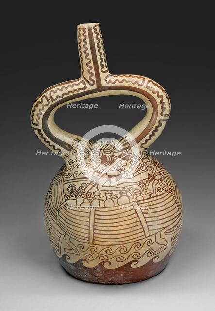 Stirrup Vessel with Fineline Painting Depicting a Figures in Reed Boat, 100 B.C./A.D. 500. Creator: Unknown.