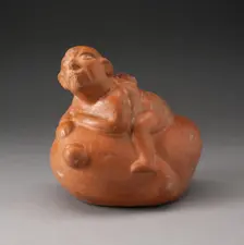 Stirrup Spout Vessel in Form of a Man Sitting atop a Vegetable, 100 B.C./A.D. 500. Creator: Unknown