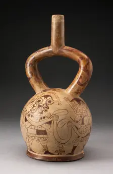 Stirrup Spout Vessel with Fineline Warriors Holding Ribbon Motif, 100 B.C./A.D. 500. Creator: Unknown