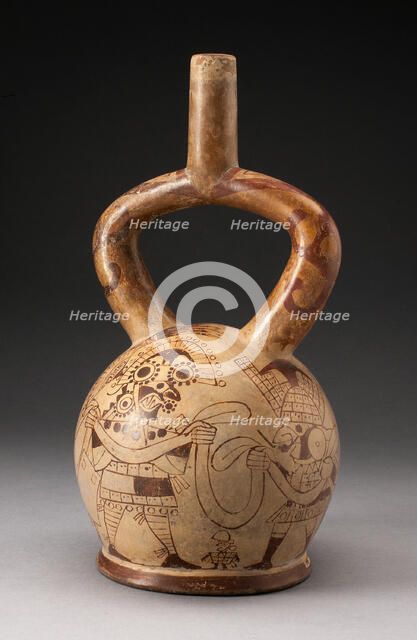 Stirrup Spout Vessel with Fineline Warriors Holding Ribbon Motif, 100 B.C./A.D. 500. Creator: Unknown.