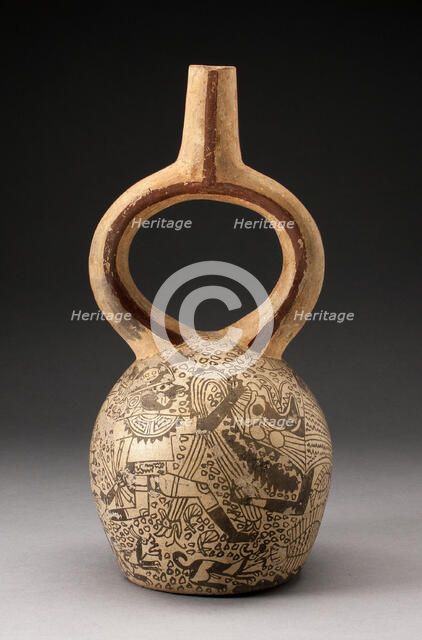 Stirrup Spout Vessel with Fineline Mythical Battle Scene, 100 B.C./A.D. 500. Creator: Unknown.