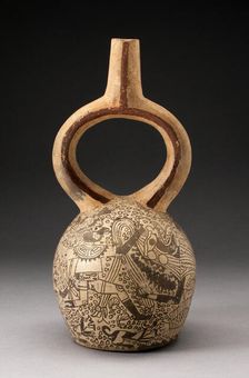 Stirrup Spout Vessel with Fineline Mythical Battle Scene, 100 B.C./A.D. 500. Creator: Unknown