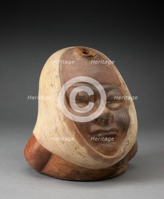 Stirrup Spout Vessel with Missing Handle in the Form of a Head Wraped in Textile, 100 B.C./A.D. 500. Creator: Unknown.