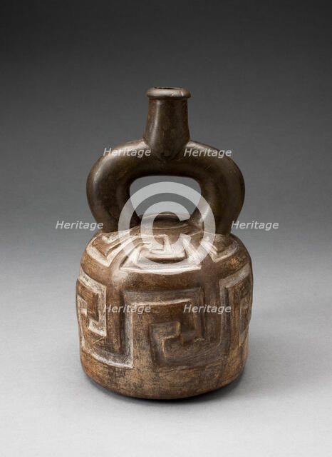 Stirrup Spout Vessel with Raised Geometric Scroll Motif, 1,000 B.C./200 B.C. Creator: Unknown.