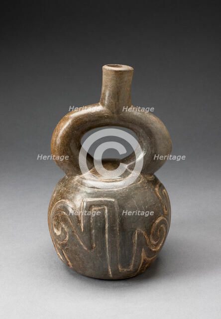 Stirrup Spout Vessel with Raised Geometric Scroll Motif, c. 500 B.C. Creator: Unknown.