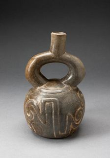 Stirrup Spout Vessel with Raised Geometric Scroll Motif, c. 500 B.C. Creator: Unknown