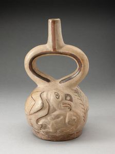 Stirrup Spout Vessel with Raised Design of a Man Attacked by a Bird, 100 B.C./A.D. 500. Creator: Unknown