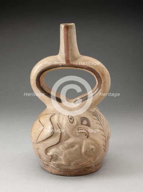 Stirrup Spout Vessel with Raised Design of a Man Attacked by a Bird, 100 B.C./A.D. 500. Creator: Unknown.