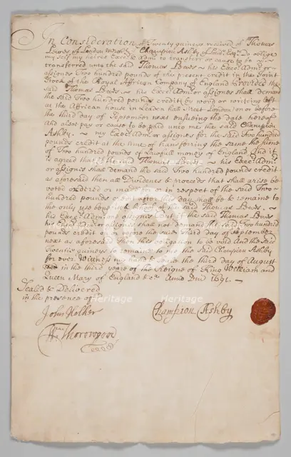 Stock share certificate for the Royal African Company, 1691. Creator: Champion Ashby.