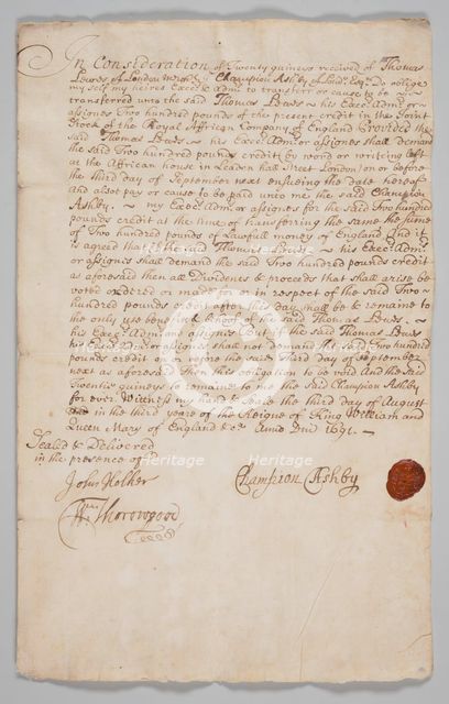Stock share certificate for the Royal African Company, 1691. Creator: Champion Ashby.