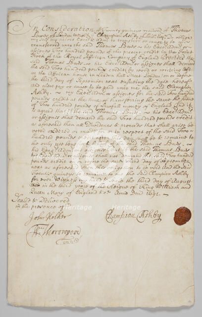 Stock share certificate for the Royal African Company, 1691. Creator: Champion Ashby.