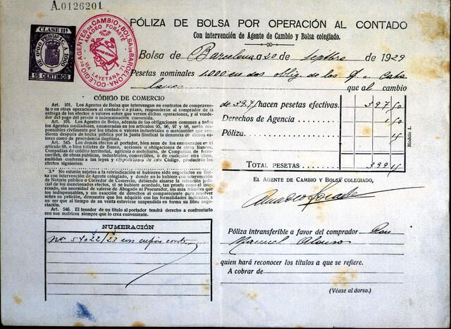 Stock policy by cash transaction issued in Barcelona in 1929, the document proves the ownership o…