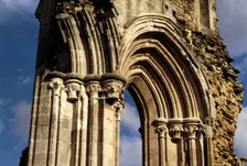 Stone carving around the east end window arch of the church, Kirkham Priory, North Yorkshire, 1993
