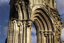 Stone carving around the east end window arch of the church, Kirkham Priory, North Yorkshire, 1993