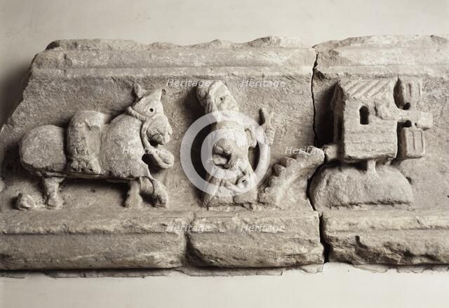 Stone carving depicting milling, museum of Rievaulx Abbey, North Yorkshire, c2013.  Artist: Unknown.