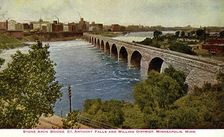 Stone Arch Bridge, St Anthony Falls and the milling district, Minneapolis, Minnesota, USA, 1915