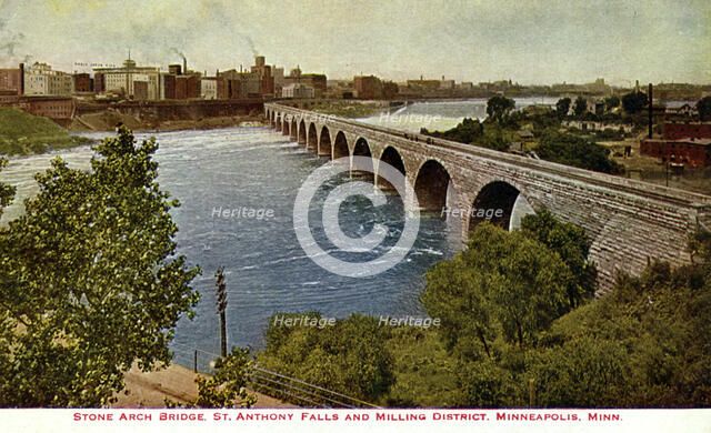 Stone Arch Bridge, St Anthony Falls and the milling district, Minneapolis, Minnesota, USA, 1915. Artist: Unknown
