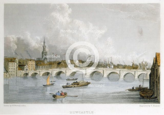 Stone arched bridge across the Tyne at Newcastle-upon-Tyne, England, c1830.  Artist: R Francis