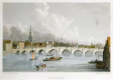 Stone arched bridge across the Tyne at Newcastle-upon-Tyne, England, c1830. Creator: R Francis