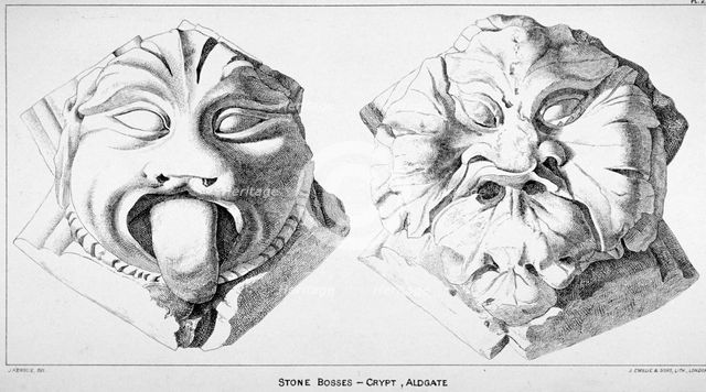 Stone bosses from St Michael's Crypt, Aldgate Street, London, c1830(?). Artist: J Emslie & Sons