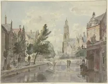 Stone bridge over a canal, a cathedral in the background, a lantern on the right by the...18th cent. Creator: Johannes Huibert Prins
