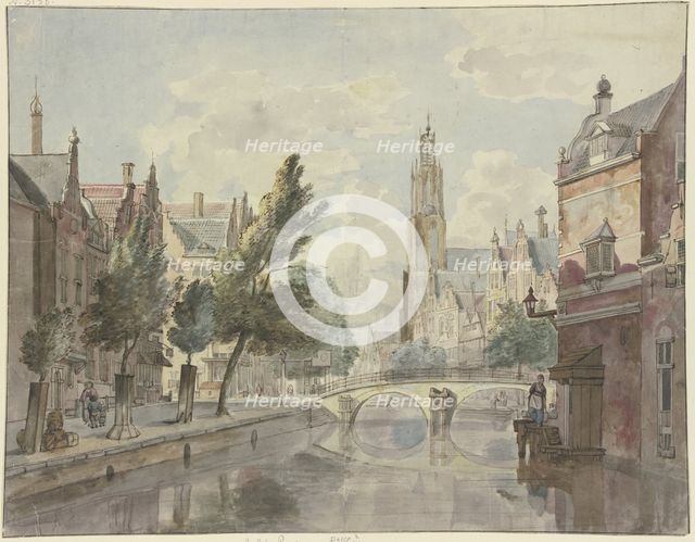 Stone bridge over a canal, a cathedral in the background, a lantern on the right by the...18th cent. Creator: Johannes Huibert Prins.