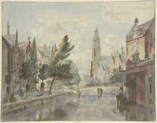 Stone bridge over a canal, a cathedral in the background, a lantern on the right by the...18th cent. Creator: Johannes Huibert Prins