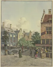 Stone bridge, a shop on the right, 18th century. Creator: Johannes Huibert Prins