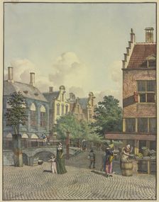 Stone bridge, a shop on the right, 18th century. Creator: Johannes Huibert Prins