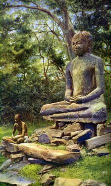 Stone Buddha, a relic of the past glory of Anuradhapura, Ceylon, c1924