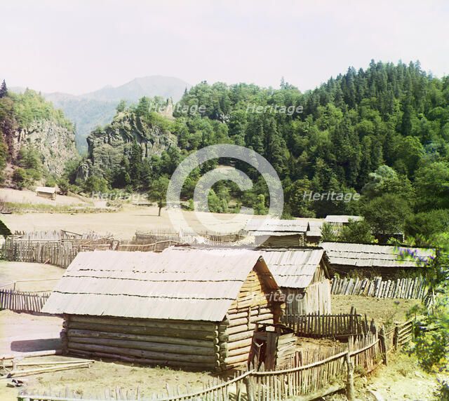 Stone gate and Uzvarian fortress, Uznariani Castle in Tsagvery village, between 1905 and 1915. Creator: Sergey Mikhaylovich Prokudin-Gorsky.