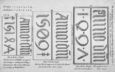 Stone date marks reading 1497, 1506 and 1514 from London Bridge, 1758. Artist: Anon
