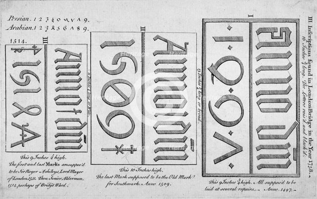 Stone date marks reading 1497, 1506 and 1514 from London Bridge, 1758.                               Artist: Anon