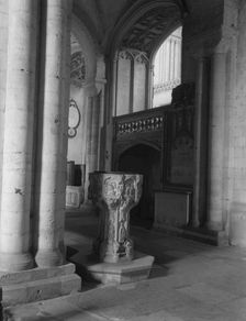 Stone font in St Luke's Chapel, Norwich Cathedral, Norfolk, c1955. Creator: Arthur Charles Kirby Ware