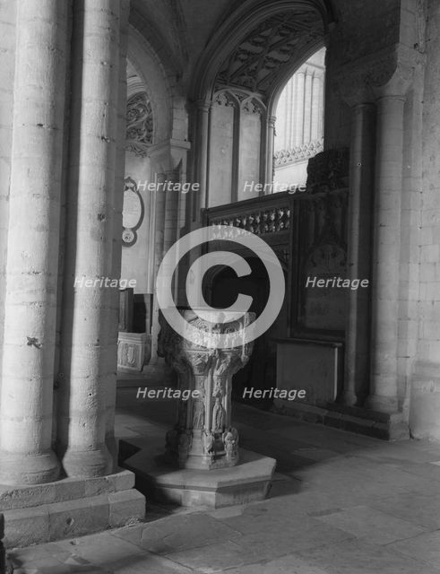 Stone font in St Luke's Chapel, Norwich Cathedral, Norfolk, c1955. Creator: Arthur Charles Kirby Ware.