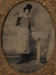 Stone Mason in Top Hat and Apron with Mallet and Chisel, 1870s-80s. Creator: Unknown
