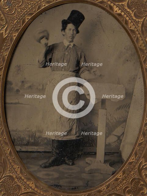 Stone Mason in Top Hat and Apron with Mallet and Chisel, 1870s-80s. Creator: Unknown.
