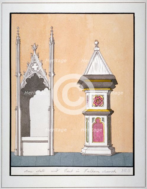 Stone stall and font in All Saints Church, Fulham, London, c1800. Artist: Anon