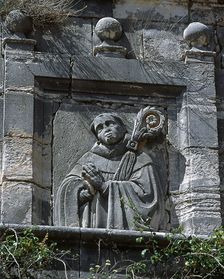 Stone relief of Bernard of Clairvaux, Monsalud Monastery, Corcoles, Castile-La Mancha, Spain, 2001. Creator: LTL