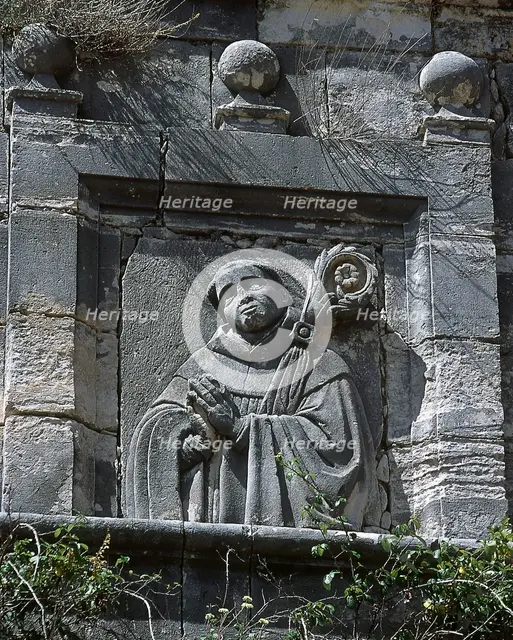 Stone relief of Bernard of Clairvaux, Monsalud Monastery, Corcoles, Castile-La Mancha, Spain, 2001.  Creator: LTL.