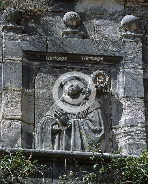 Stone relief of Bernard of Clairvaux, Monsalud Monastery, Corcoles, Castile-La Mancha, Spain, 2001.  Creator: LTL.