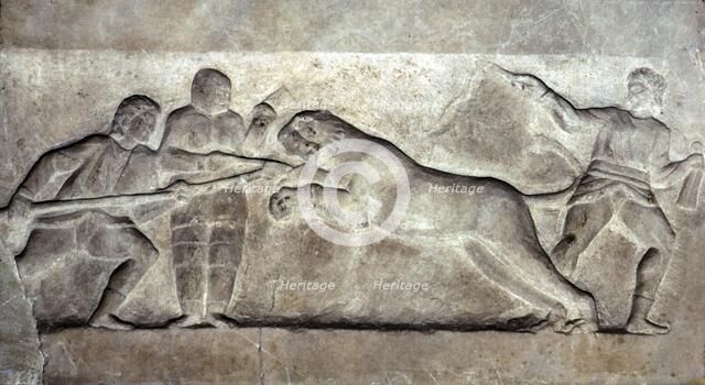 Stone relief ofStone relief of Gladiators fighting a lion, Turkey, c 323BC-31BC Artist: Unknown.