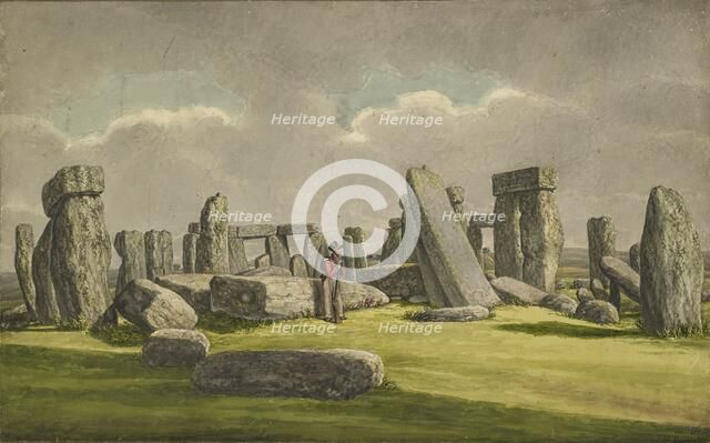 Stonehenge from the W.S.W., showing ruins with soldier, 1824-1839. Artist: Henry Browne.