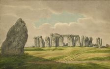 Stonehenge from the N.E., showing ruins and heel stone with cart, horse, person, 1824-1839. Artist: Henry Browne