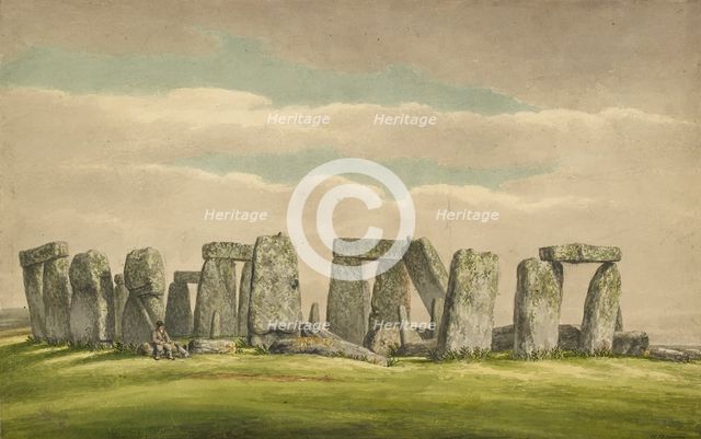 Stonehenge from the N.W., showing ruins with man and dog, 1824-1839. Artist: Henry Browne.