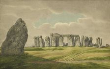 Stonehenge from the N.E., showing ruins and heel stone with cart, horse, person, 1824-1839. Artist: Henry Browne